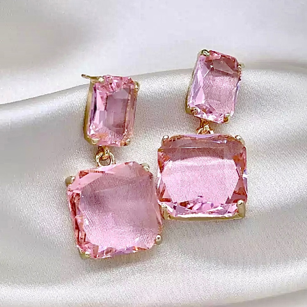 925 Sterling Silver double square Gold & Baby Pink crystal dangle drop earrings - Picture 1 of 6